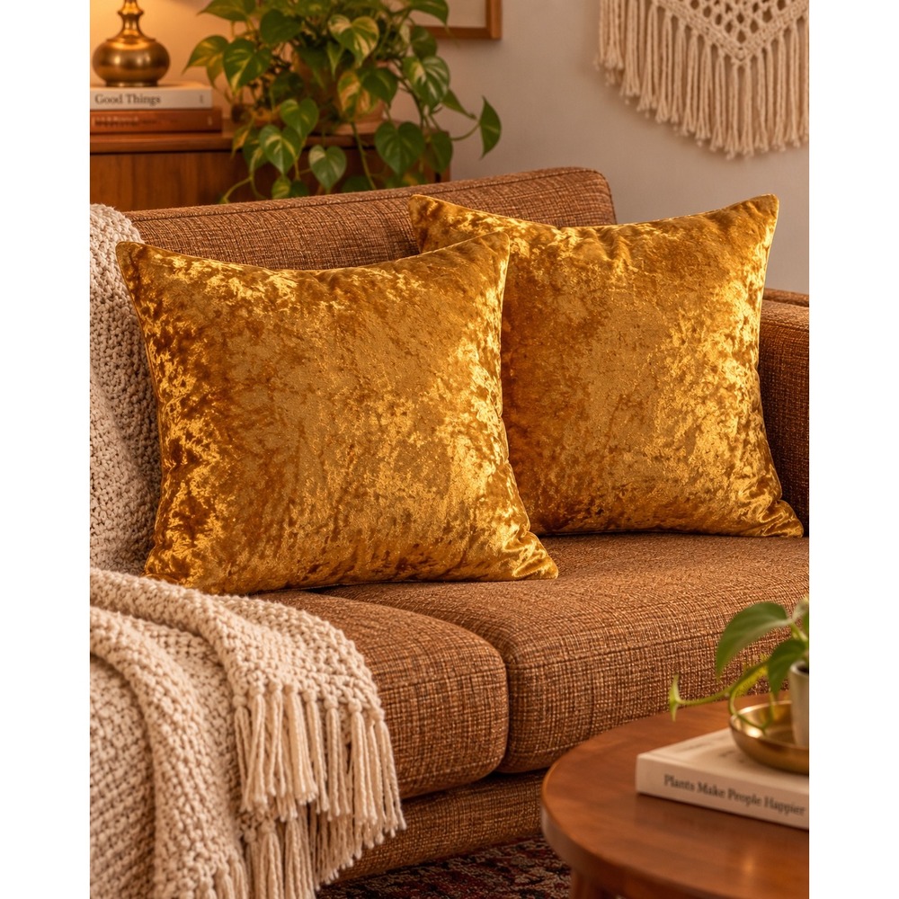Retro Gold Crushed Velvet Throw Accent 15" Square Pillow Covers Set of 2